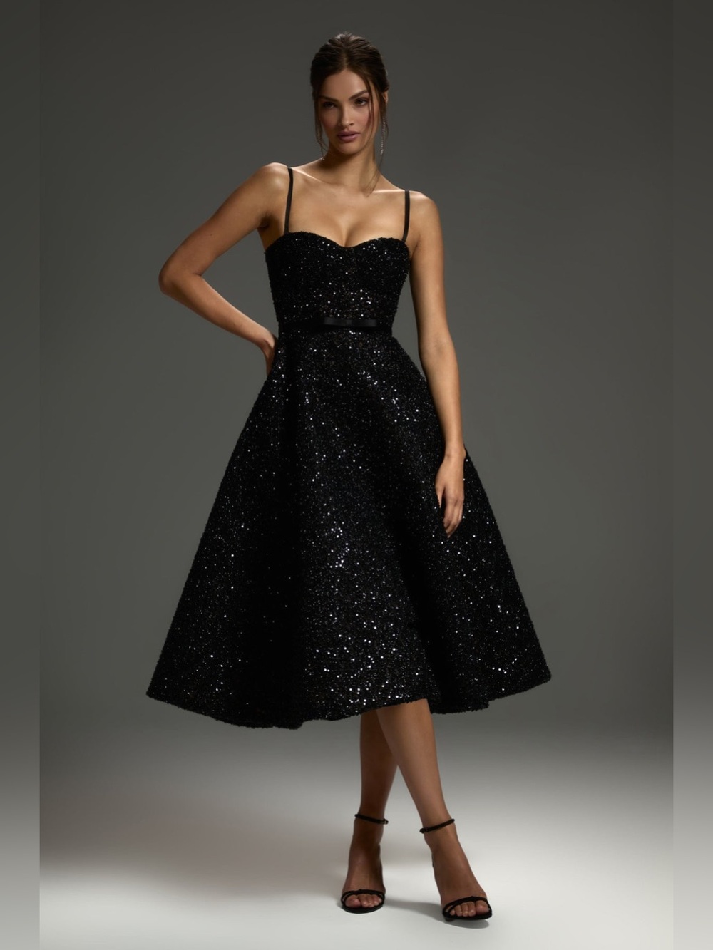 Nadine Merabi Marilyn Midi Black Sequin Dress Large